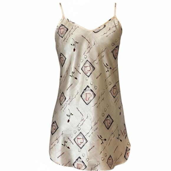 Vintage Lillianna Satin Heart & Rose Print Mini Slip Dress Ivory Pink Size Small - Picture 2 of 7